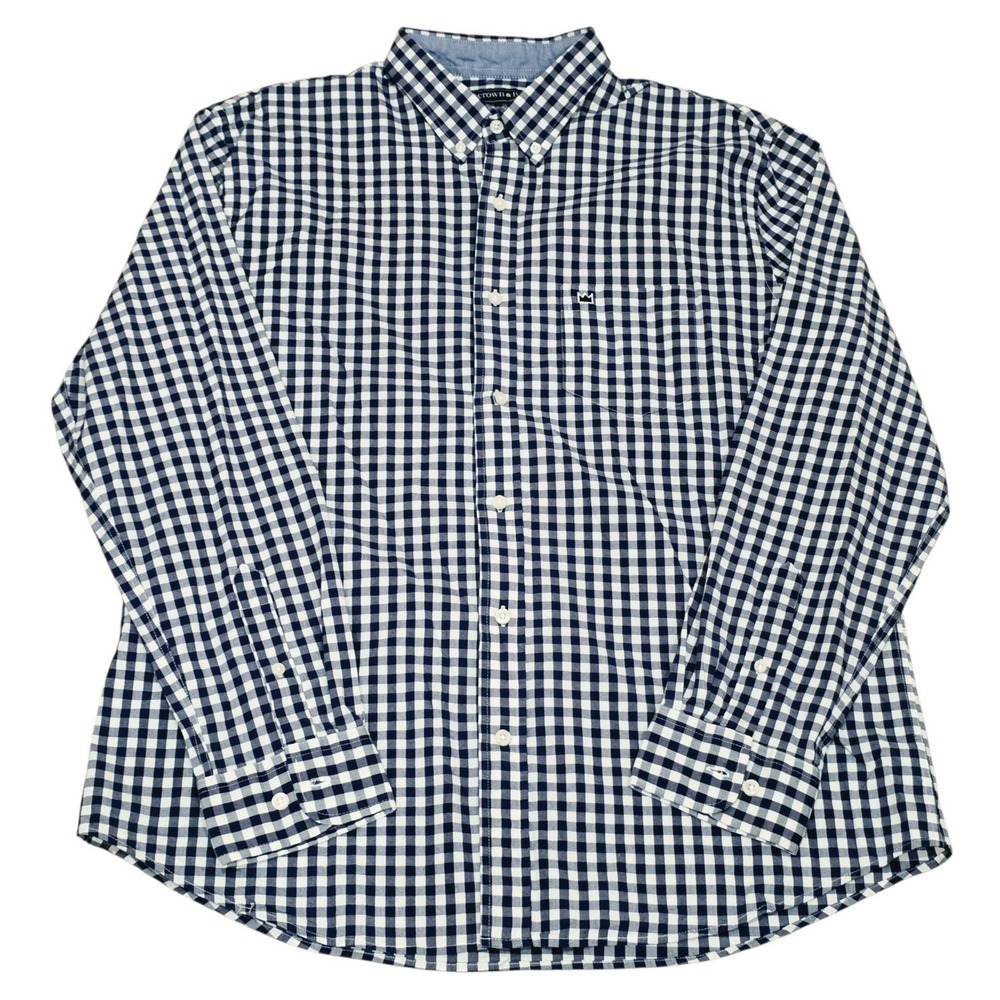 Crown & Ivy Mens Large Navy White Gingham Check Button Down Shirt Classic Fit